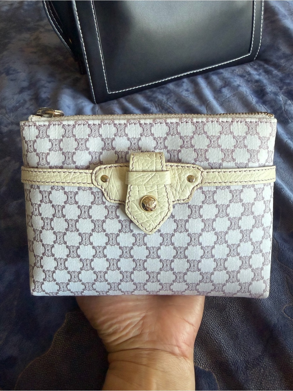 Authentic CELINE Cream Patterned Women's Zip Pouch with Cream Trim